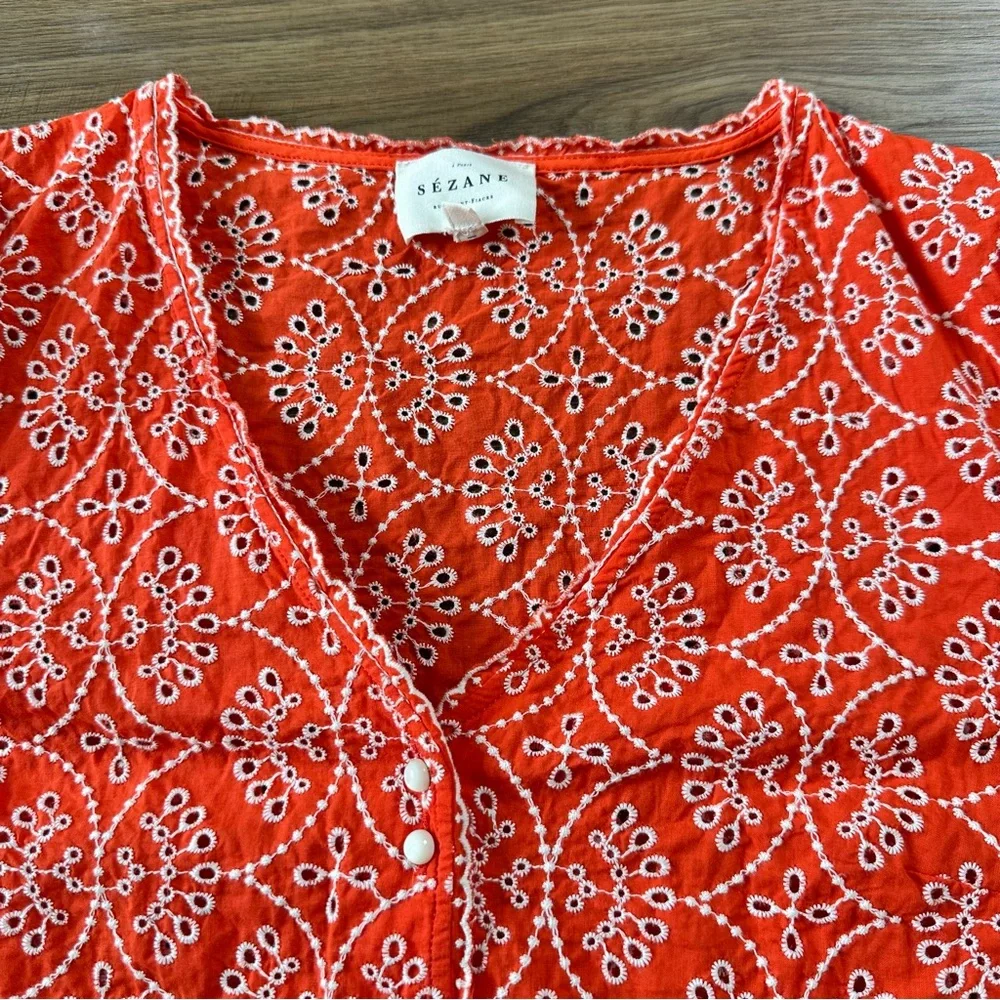 Sezane Antika Blouse Ecru On Coral 38 Fr US 6 Embroidered Button V-Neck Eyelet - Picture 10 of 11